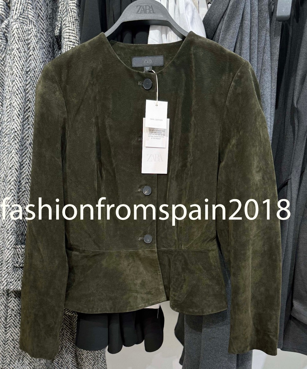 ZARA NEW WOMAN 100% LEATHER FLARED HEM JACKET KHAKI GREEN XS-XL