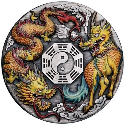 2022 2 Oz Silver $2 Tuvalu DRAGON N QILIN Antique Finish Colored Coin.