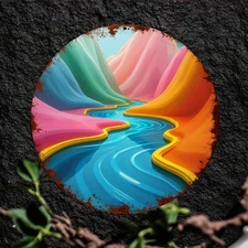 2D Flat2D Flat, 1pc 8Inch Round Aluminum Wall Art Sign Vibrant Mountain And Rive