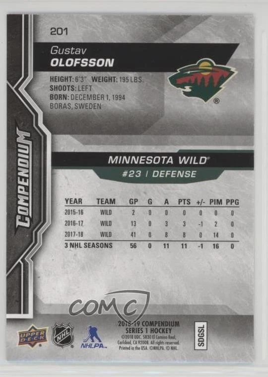 2018-19 Upper Deck Compendium Gold Gustav Olofsson #201 - Image 2 of 2