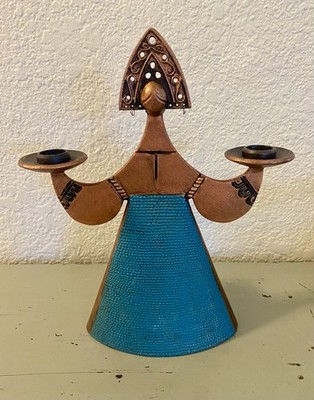 Unique Metal Lady Figure Double Candlestick Holder Danish? Russian? 11.5 Tall