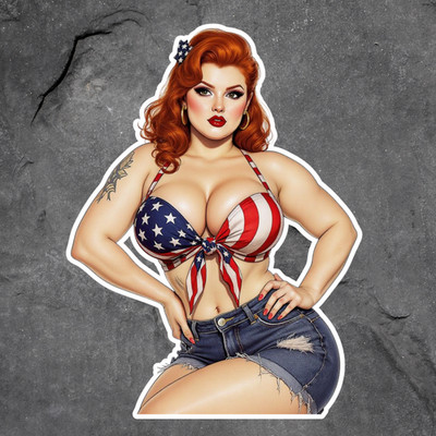 Pinup Girl Sticker Vinyl Decal Redhead American Flag Top Denim Shorts Busty 