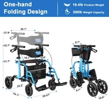 3 in 1 Rollator Walker & Transport Chair Folding Walker Wheelchair Combo 300 LBS