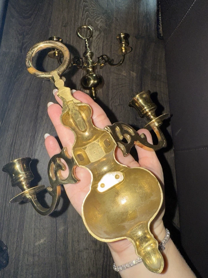 Antiguo par de apliques de vela dobles de latón pulido macizo vintage victoriano Foto 3 de 3