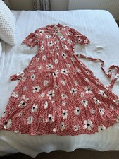 Finery BNWT Red White Floral Midi Shirt Dress Size 18 Tiered Waist Tie
