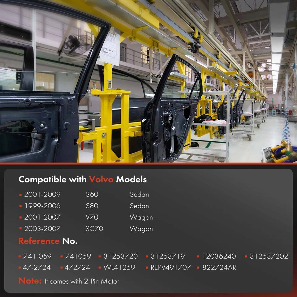 Regulador de ventana eléctrica para pasajero trasero con motor de 2 pines para Volvo S60 S80 V70 XC70 Foto 3 de 4