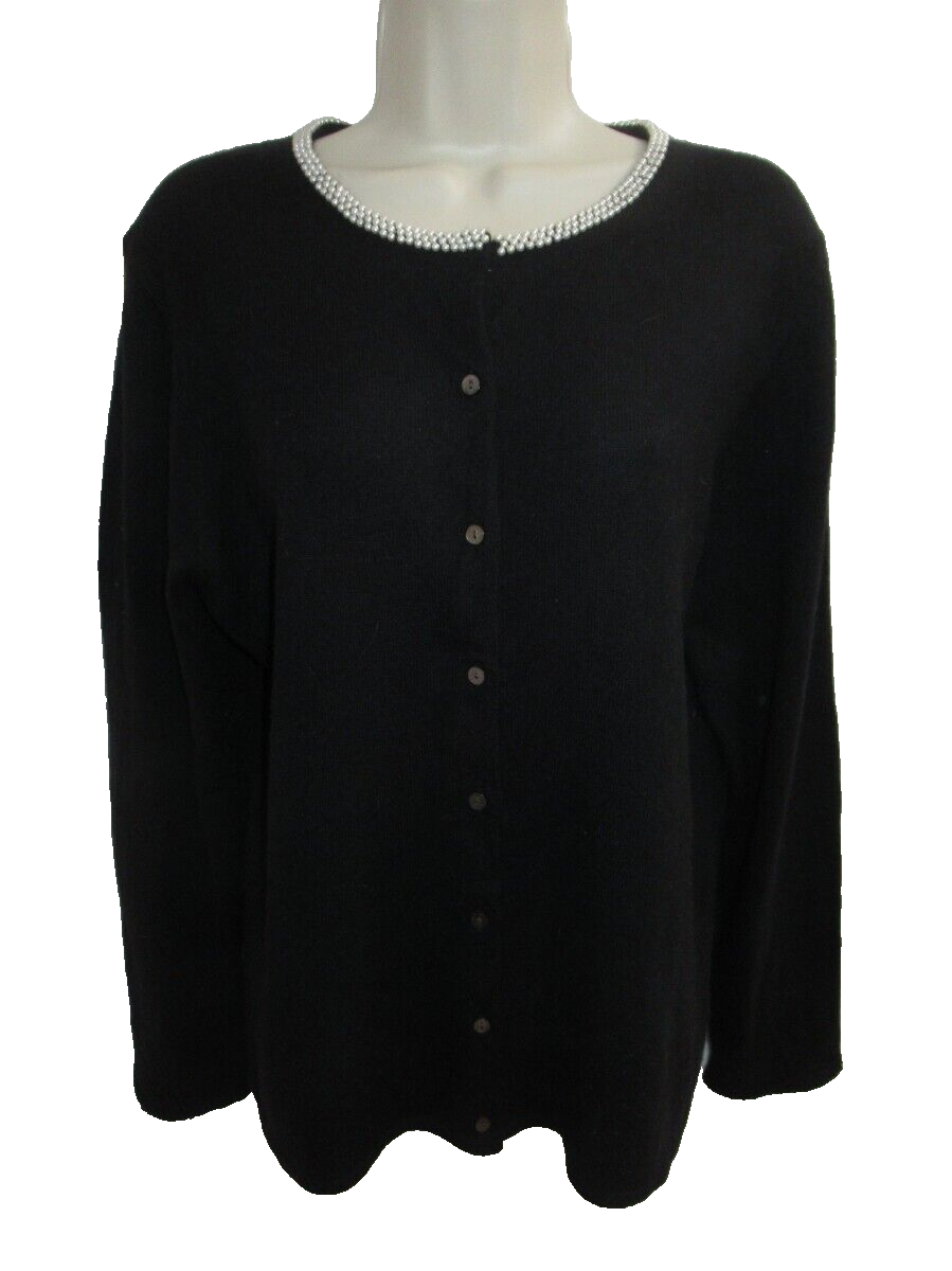 Charter Club 100% 2-ply Cashmere Black Crew Cardigan Faux Pearl Trim May Fit XL