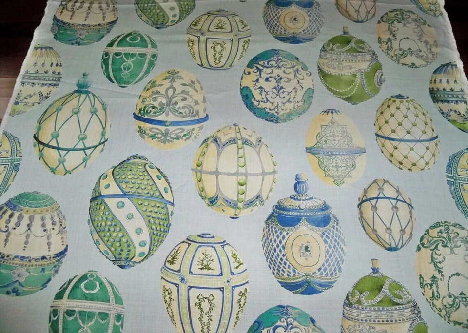 KRAVET COUTURE ROMFORD FABERGE EGGS LINEN TOILE FABRIC 5 YARDS ROBINS EGG MULTI - Image 2 of 4