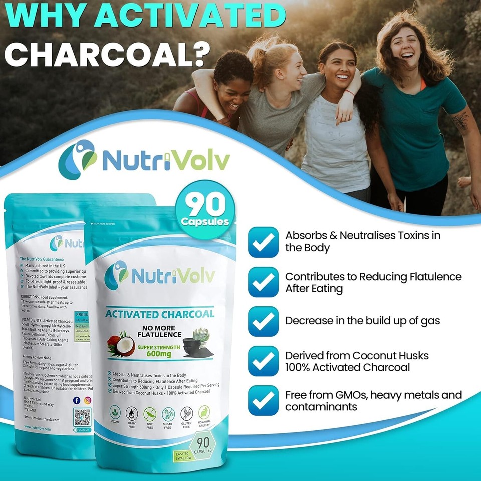 Activated Charcoal 600mg 90 Capsules Reduce Flatulence, Gas