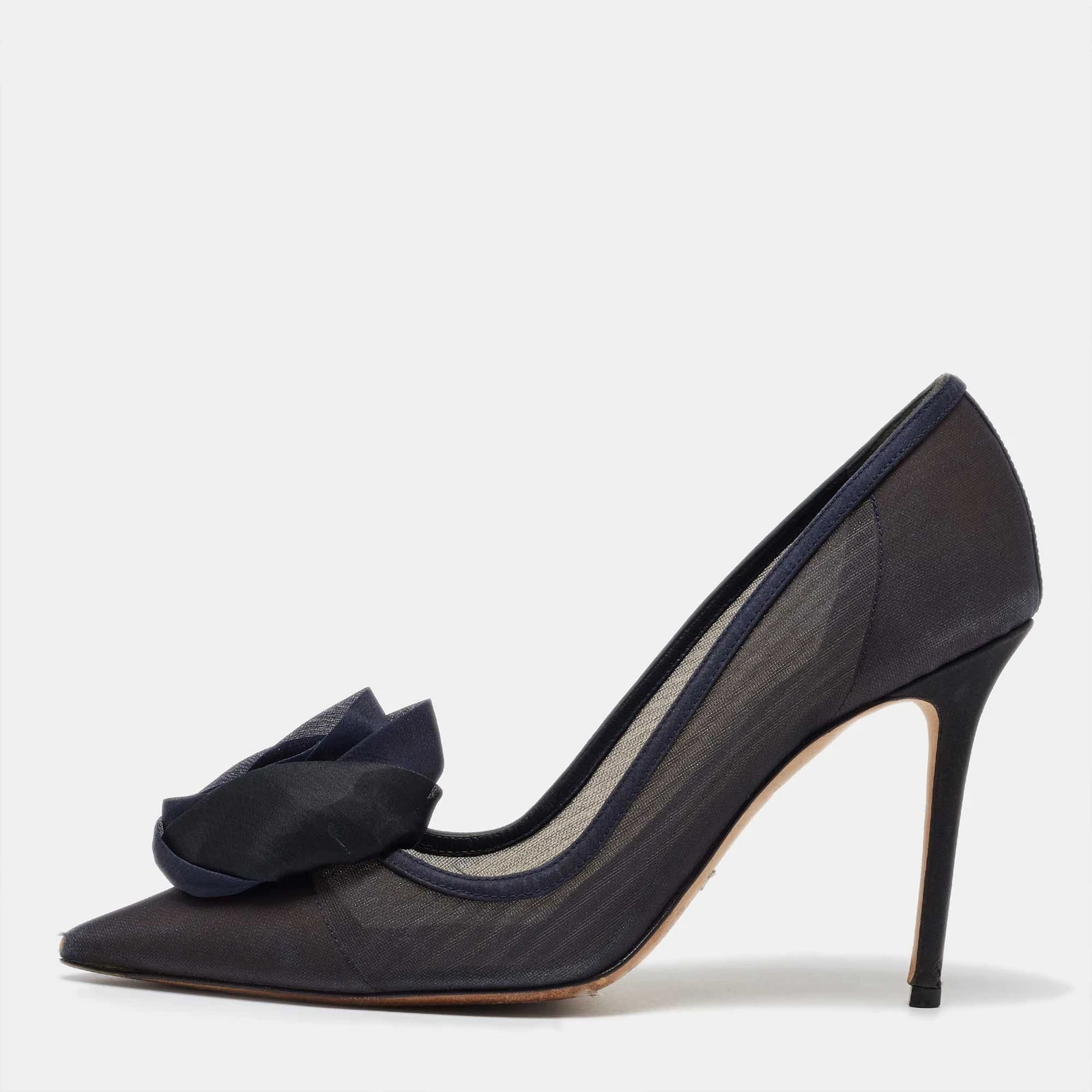 Escarpins Dior bleu marine bordure maille et satin rosace bout pointu taille 39
