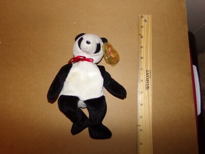 Ty Beanie Babys GLÜCK schwarz-weißer Pandabär mit rotem Band