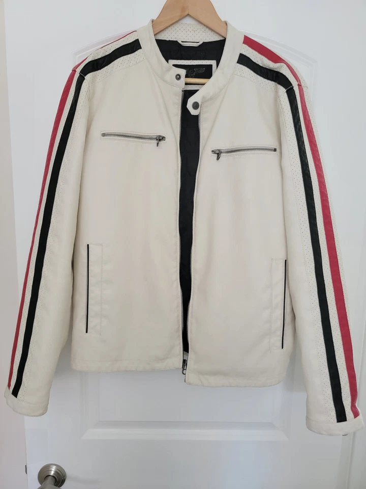 Wilsons Faux Leather White Jacket Medium Red Blue Stripes Motorcycle Moto - Image 2 of 4