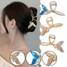 Pearl FishTail Shape Hair Claw Elegant Hollow Ponytail Clip Geometric Shark Clip