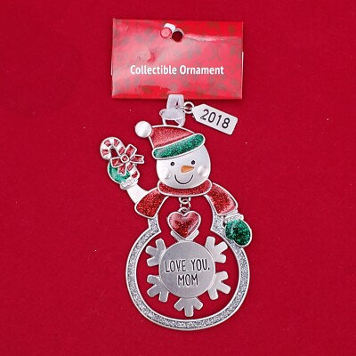 Adorable Kohl's Snowman ''Love you Mom'' 2018 Silver Red Green Christmas Ornament