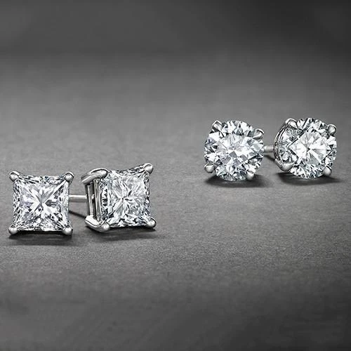 2 Piece White Gold Plated Round and Princess Studs Earrings Stud