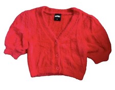 Katie J NYC Tween Girl Red Mohair Puff Sleeve Crop Sweater Cardigan XL 14 