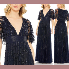 NWT 798 Mac Duggal  16  93784 Cape Embellished V neck Column Gown Blue J189