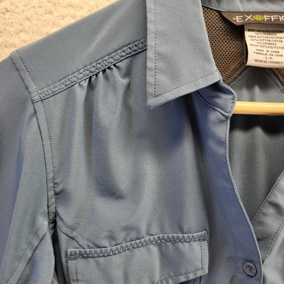 Camisa con botones Exofficio para mujer pequeña azul pescado senderismo camping manga larga ventilada Foto 4 de 4