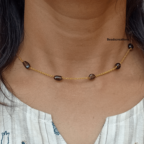 Natural Smokey Quartz Oval Smooth Beads Chain Necklace Gift for Her - 第 1/6 張圖片