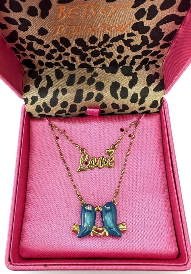 Collar Betsey Johnson Azul Love Birds Tono Dorado 2 Hilos con Caja Original