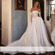 Luxury Strapless A Line Wedding Dress with Lace Sleeves Back Zipper Bridal Gown