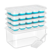 DOQAUS Ice Cube Tray with Lid and Bin, 4 Pack Silicone Plastic Ice Cubes Tray...