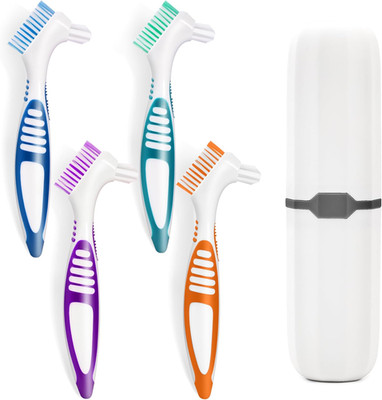 4 Pcs Denture Brush Set for False Teeth with White Carrying Case, Denture Toothb