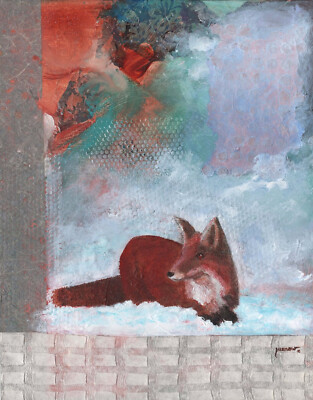 ORIGINAL HAND PAINTED ART  FOX IN SNOW ON COLLAGED BACKGROUND USA BY SUE FURROW