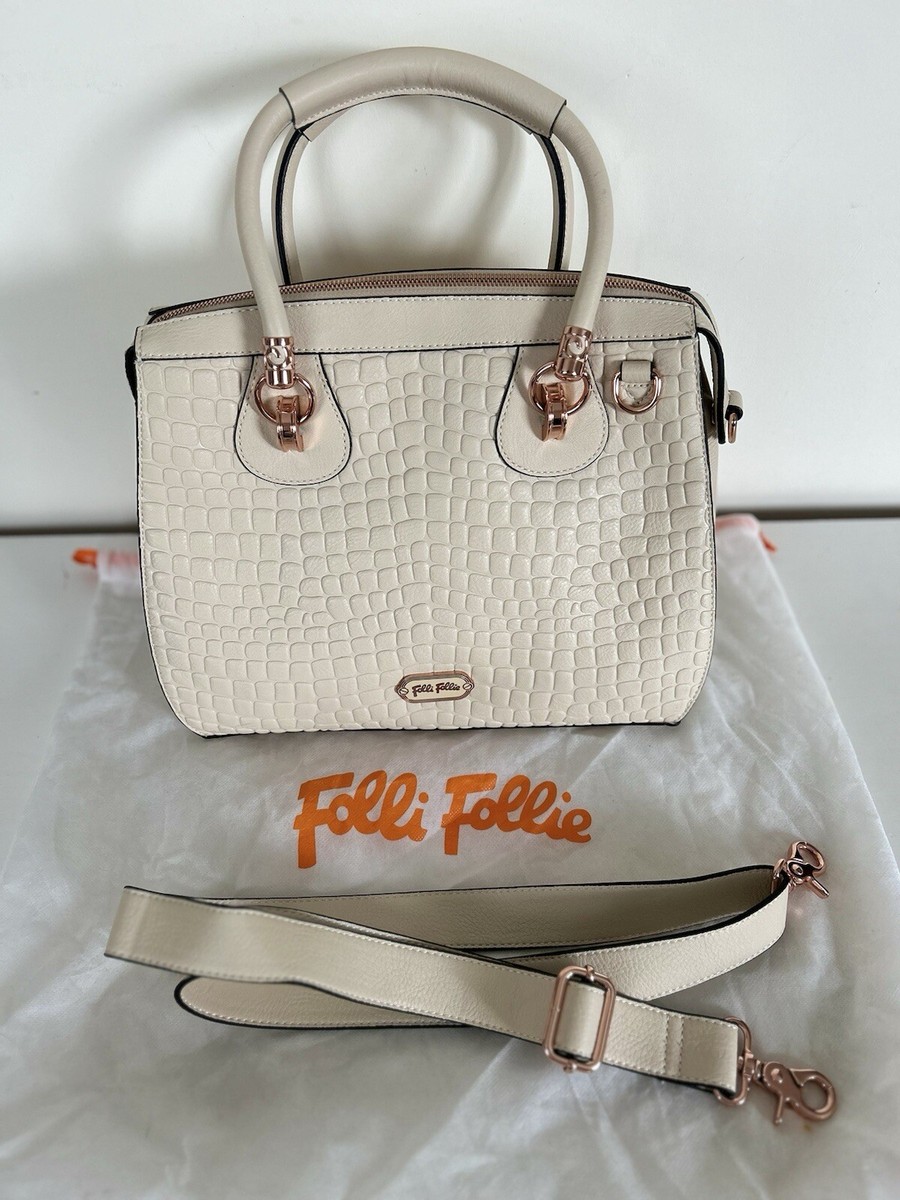 New Folli Follie Cream Croc Leather hand shoulder bag rose gold