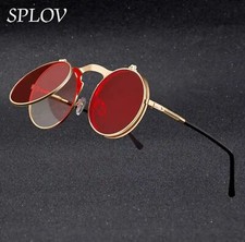 Vintage Steampunk Flip Sunglasses Retro Round Metal Sun Glasses