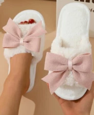 NEW White Bow Knot Decor Open Toe Plush Slippers pick 6 7 8 9 10 11 12 Stocking
