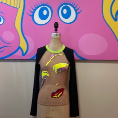 Theirry Mugler Face Lips Mesh Front Long Sleeve Top