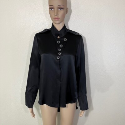 ALEXIS Womens Black Silk Button Blouse Top Long Sleeve Small S