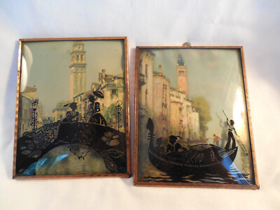 Vintage reverse painting silhouette courting couple set of two convex glass***