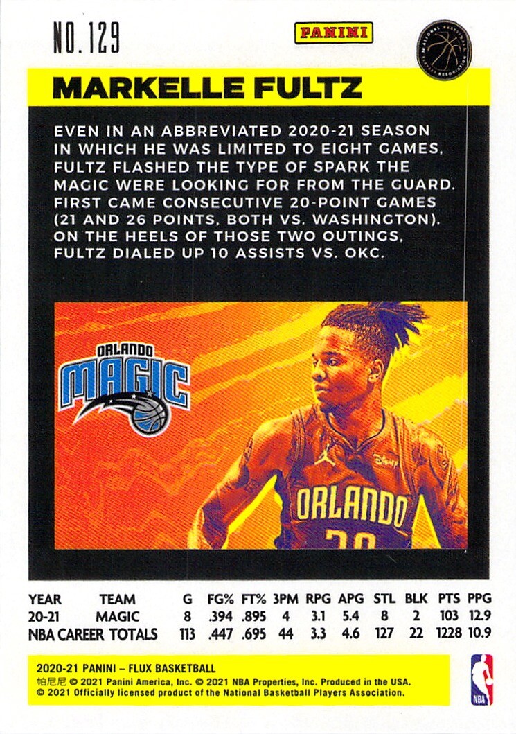 、 Markelle Fultz 2020-21 Panini Flux Basketball Chrome Base Card#129