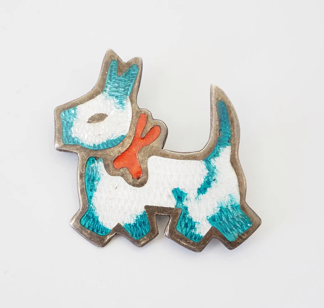 Fun vintage sterling 925 silver enamel Scottish Terrier dog signed pin Mexico