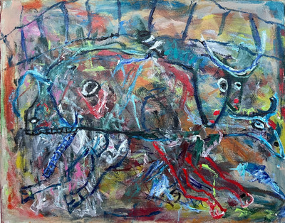 Colorful painting of bulls and fantasy animals, child-like art, Mexican folk art