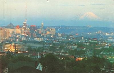 Vintage Seattle City Aerial View Postcard Mount Rainier Queen Anne Hill 1960s