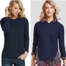 CAbi Double Zipper Navy Blue Cable Knit High Low Sweater Size Medium Style 899