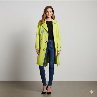 Moschino Couture Milano Womens 6 EU 40 Trench Coat Lime Green Animal Pins Jacket