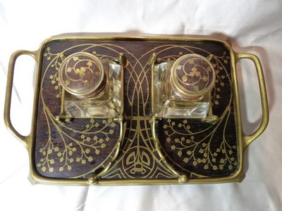 Antiker Jugendstil Tintenständer 1900 Österreichisch Erhard & Söhne Holz Messing