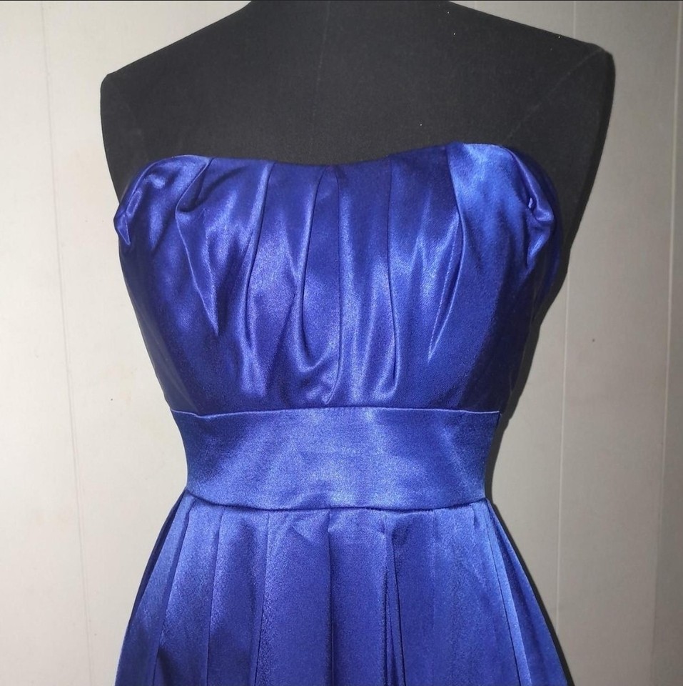 Powerhouse M&P A-Line Strapless Sweetheart Blue Satin Bow Midi Dress 10