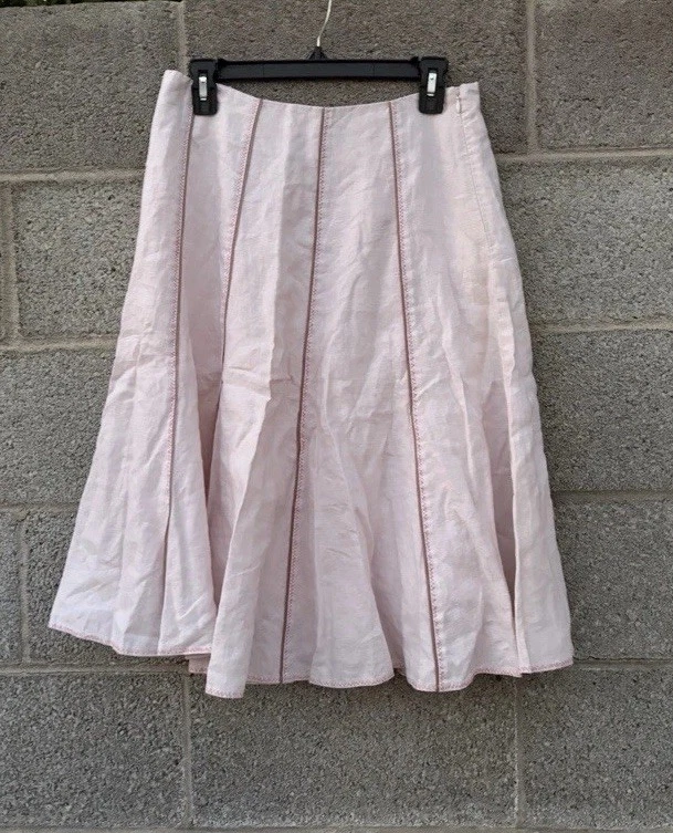 Boden 100% Linen Midi Skirt A-Line Pale Pink W/Stripes Lined Side Zip Size 12L