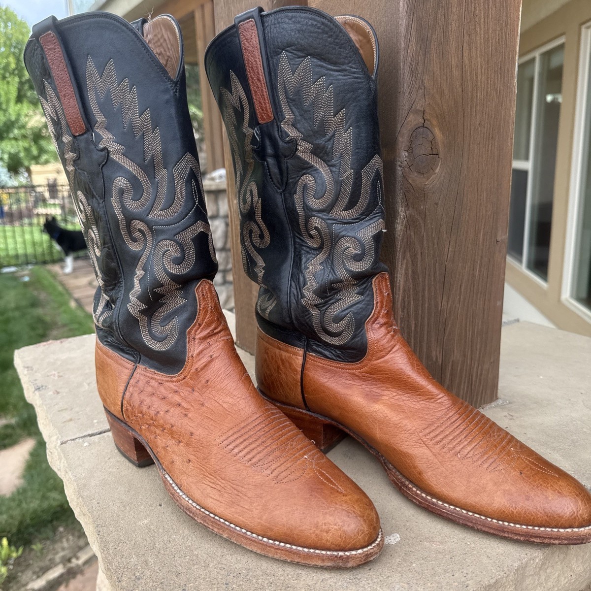 LUCCHESE 2000 Men's US Size 9D Ostrich Cowboy Western Boots Brown