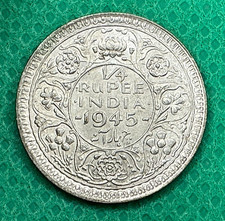 1945 British India 1/4 Rupee Silver Coin - King George VI Bombay Dot Mint KM#547