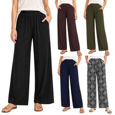 FIL Women's Viscose Wide Leg Palazzo Pants Pockets Elastic Waist Plain & Boho