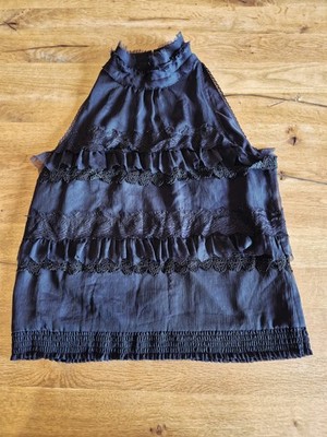 Original Comma Bluse Gr. 38 Ärmellos Schwarz Spitze Rüsche Top-Zustand 