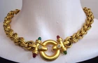 VTG Necklace Clasped Ring Red Green Cabochons Gold PL Etruscan 80s 90s Chunky