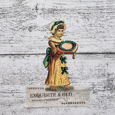 um 1900 Frau Blütenkranz Kleid Victorian Oblate Prägedruck Luxuspapier Deko alt