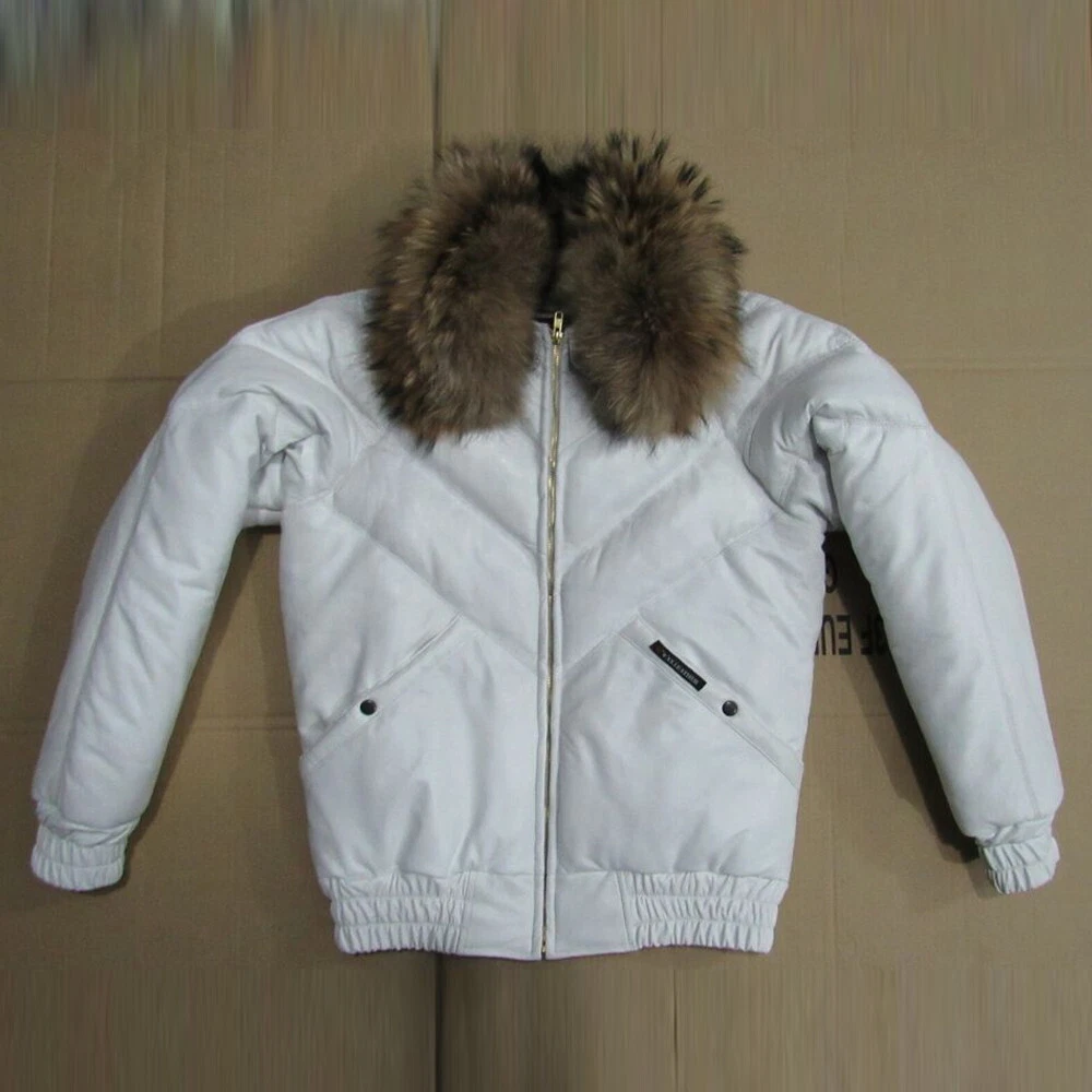 Men Bubble V-Bomber Sheepskin Leather Jacket Detachable Original Fox Fur Collar